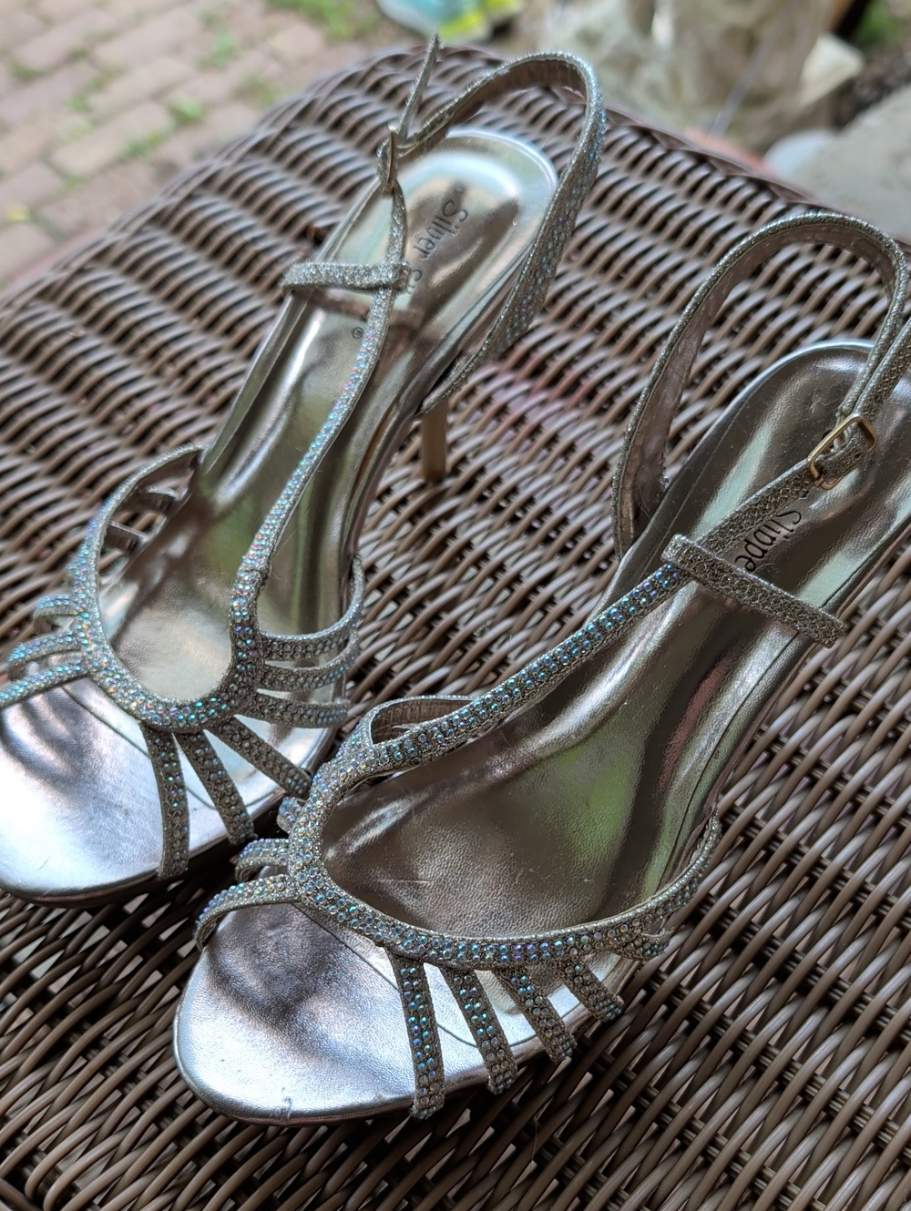 SILVER SLIPPER Cinderella Rhinestones High Heels Pumps Shoes Women Size 9